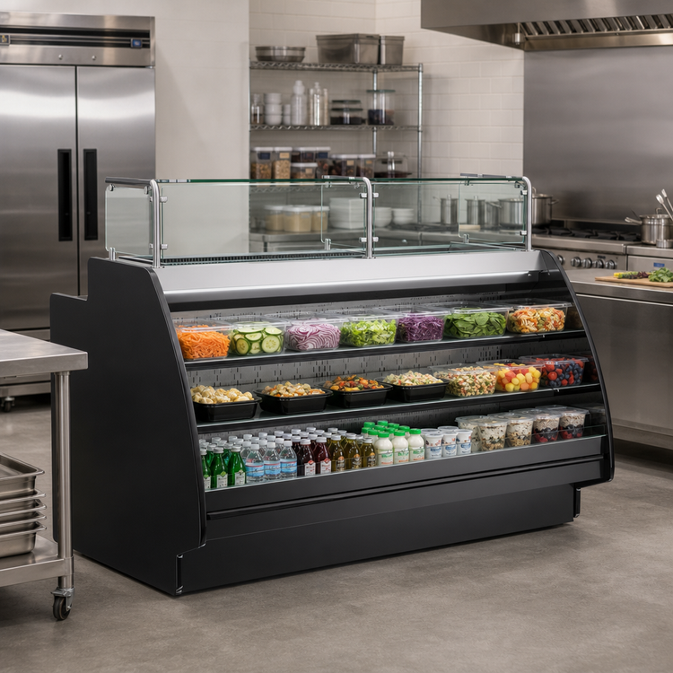 Product image #2 for Structural Concepts Fusion® Open Curved Preparation/Self-Service Refrigerated Display Case with Rear Storage, Remote DX, 123-1/4 Inch Wide