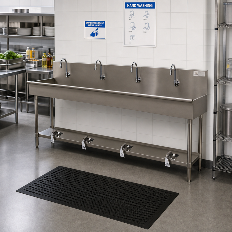Product image #2 for Advance Tabco 4-Station Floor-Mounted Hand Wash Sink with Toe-Push Valve and Gooseneck Spouts, 80-Inch