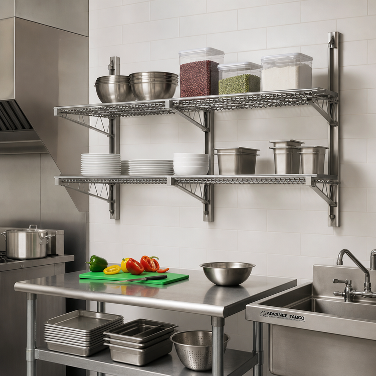 Product image #2 for Advance Tabco Special Value Series 2-Tier Adjustable End-Mount Wall-Mount Wire Shelving Post & Brackets for 18-Inch Deep Shelves