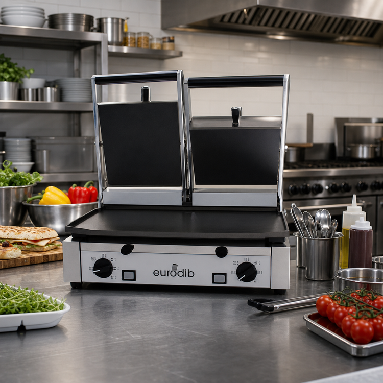 Product image #2 for Eurodib Double Electric Commercial Panini Press with Smooth Cast Iron Top & Bottom Plates, 19.7 x 10 Inches, 208-240V