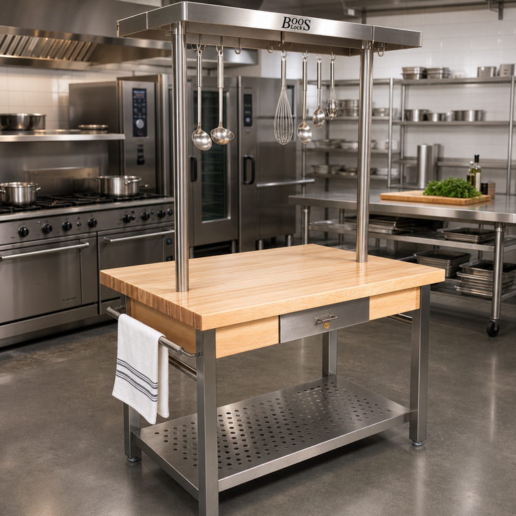 Product image #3 for John Boos Cucina Grande 60-Inch x 28-Inch Hard Rock Maple Wood Top Work Table with Stainless Steel Undershelf, Drawer, and Towel Bars