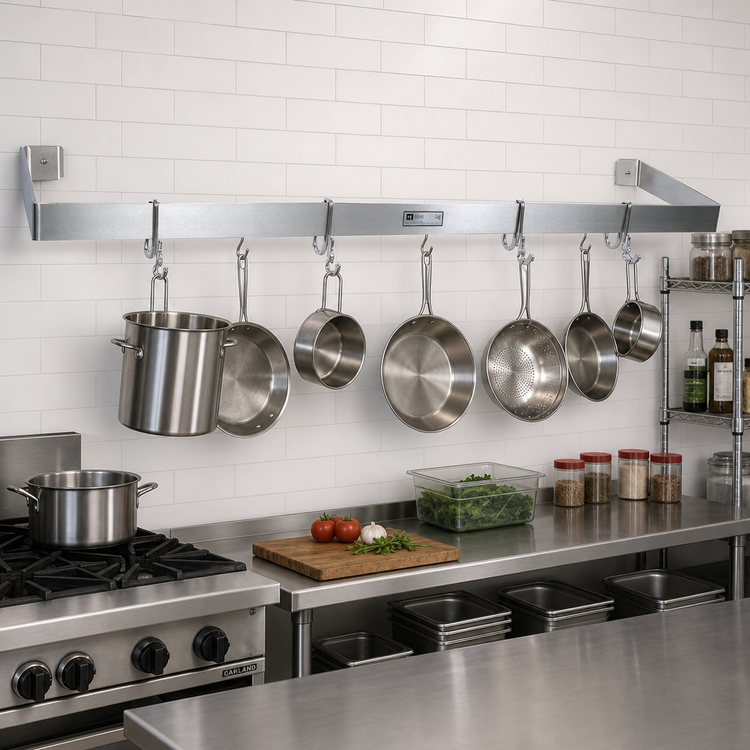 Product image #2 for John Boos Wall-Mounted Stainless Steel Single-Bar Commercial Pot Rack with 9 Double Hooks, 108 Inch Wide