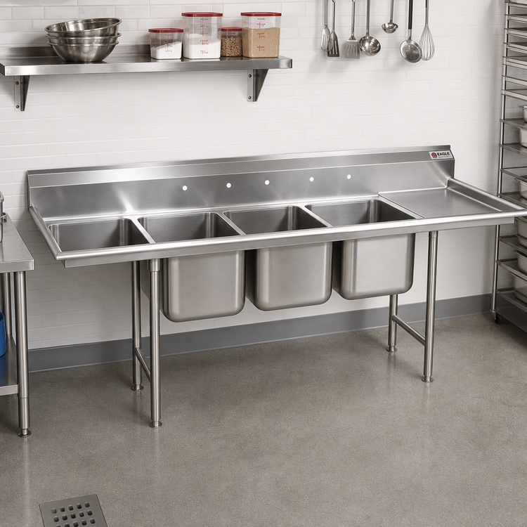 Product image #2 for Eagle Group 414 Series Four-Compartment Stainless Steel Sink with 24" x 24" x 13-1/2" Bowls and 18" Right Drainboard