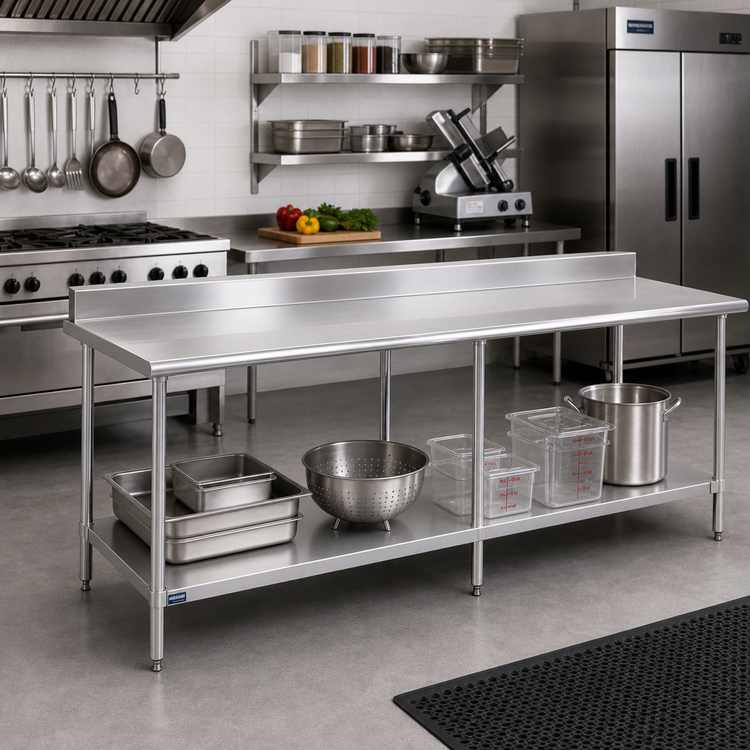 Product image #2 for 84-Inch x 24-Inch 18/400 Stainless Steel Work Table with 5-Inch Backsplash and Adjustable Undershelf