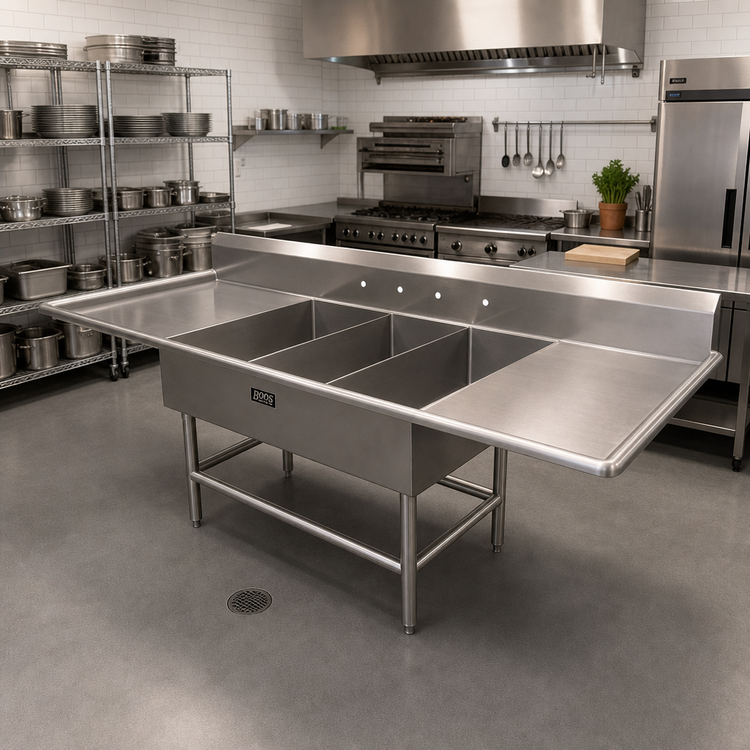 Product image #2 for John Boos Pro-Bowl 3-Compartment Platter Sink with Dual Drainboards, 14-Gauge Stainless Steel, 93-1/4" W x 36-1/2" D x 43" H