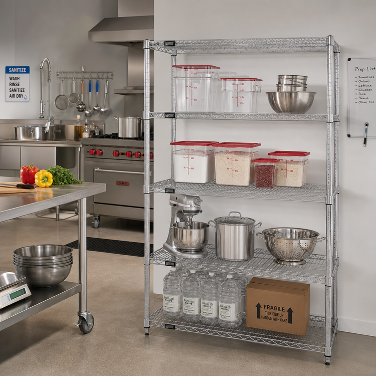 Product image #2 for Quantum Chrome-Plated Wire Shelving Starter Kit, 42 in W x 18 in D x 54 in H, 4 Shelves, 600-800 lb Capacity