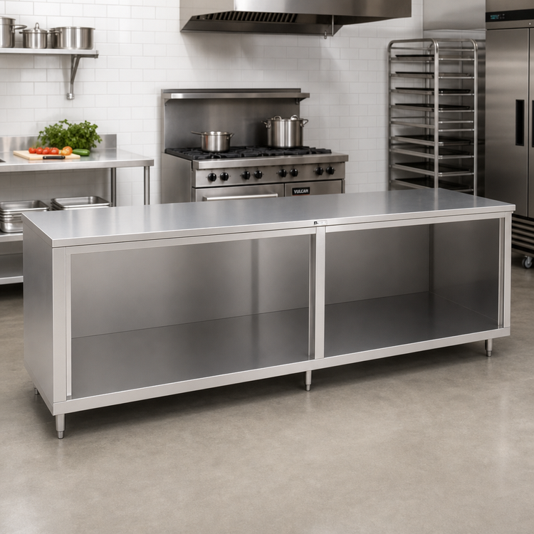 Product image #2 for John Boos 132-Inch x 30-Inch 14-Gauge Stainless Steel Work Table with Cabinet Base and Open Front