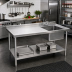 Thumbnail image #2 for Klinger's Trading STB3084BR 84 Inch x 30 Inch Stainless Steel Work Table with Right-Side Prep Sink, 18 Gauge, Marine Edge, Undershelf