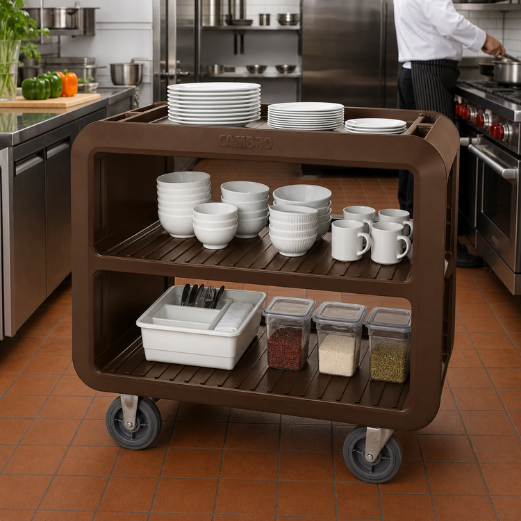 Product image #3 for Cambro Service Cart Pro Large Open-Side 3-Shelf Bus Cart, Dark Brown