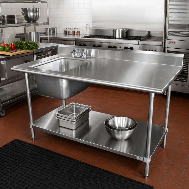 Product image #2 for Advance Tabco 72-Inch Left-Side Prep Sink Work Table with 304 Stainless Steel Top and Adjustable Undershelf