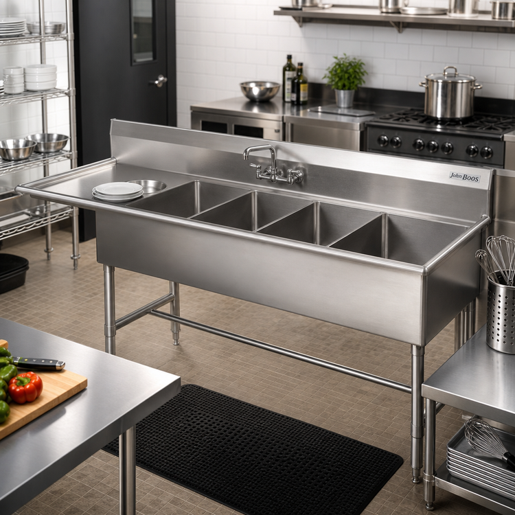 Product image #2 for John Boos Pro-Bowl 4-Compartment Sink with Left Drainboard, 12-Inch Deep Bowls