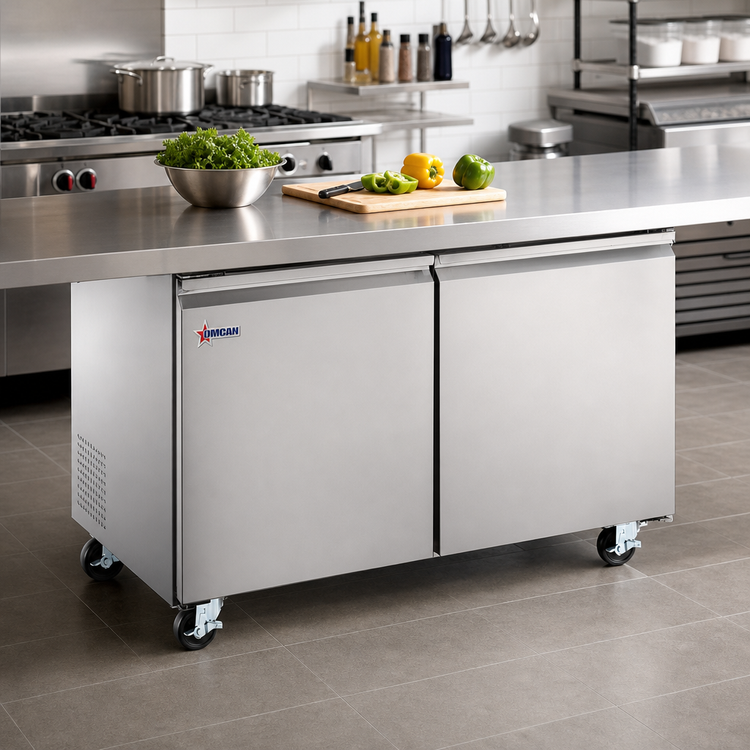Product image #2 for Omcan 60-Inch Two-Door Undercounter Freezer, 15 Cu. Ft., Rear-Mount Self-Contained Refrigeration, Stainless Steel