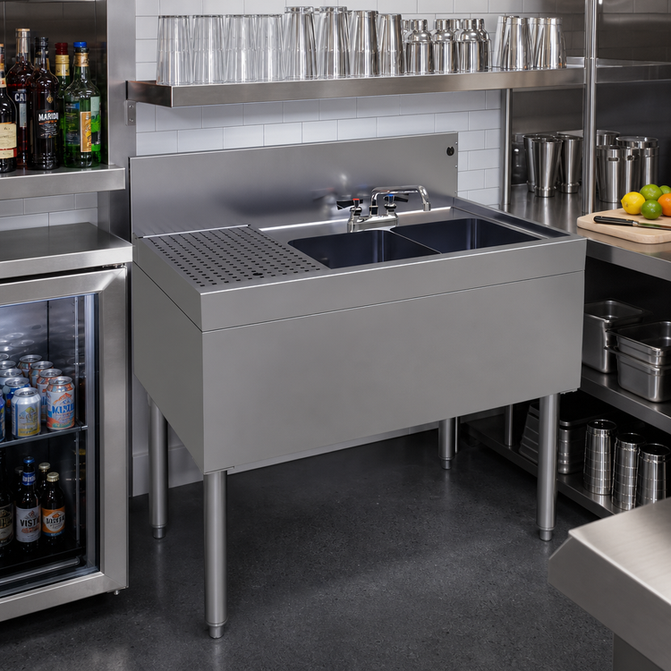 Product image #2 for Glastender Stainless Steel Two-Compartment Underbar Sink with Left Drainboard, 36 Inch W x 24 Inch D