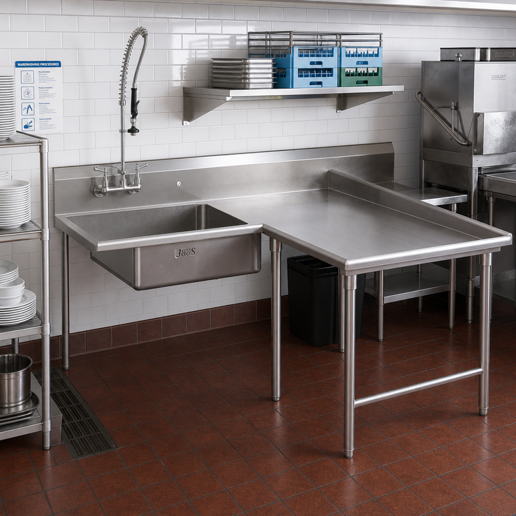 Product image #2 for John Boos Pro-Bowl L-Shaped Island Soiled Dishtable with Pre-Rinse Sink Bowl, 60 In. Machine-to-Corner x 84 In. Corner-to-End, Right-to-Left