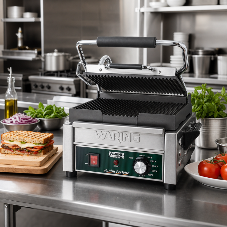 Product image #2 for Waring Panini Perfetto Compact Countertop Electric Panini Grill, 208V, Ribbed Cast Iron Plates