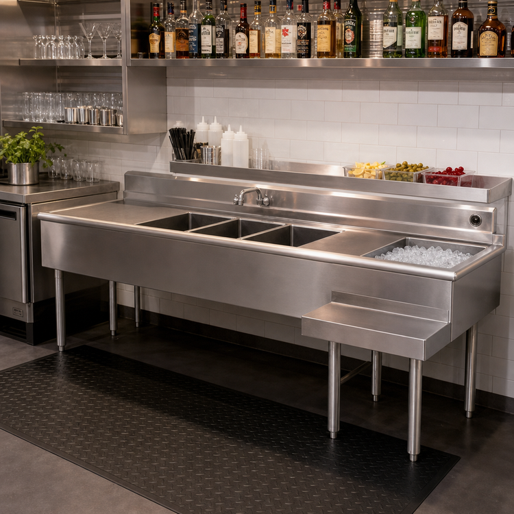 Product image #2 for Eagle Group 2200 Series 96-Inch Underbar Combination Unit with 4 Sink Bowls, Left Ice Bin and Speed Rail