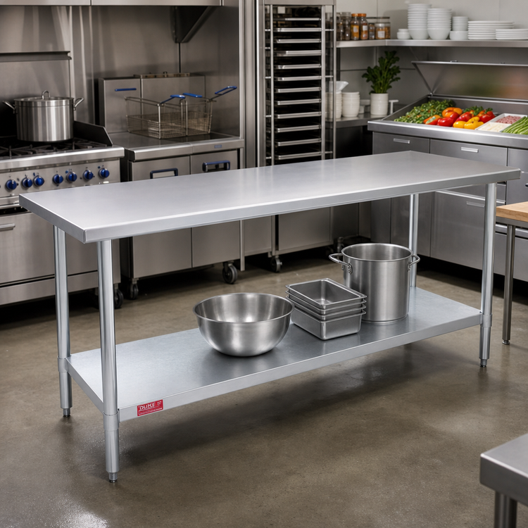 Product image #2 for Duke 108-Inch Stainless Steel Flat Top Work Table with Galvanized Undershelf, 30-Inch Deep