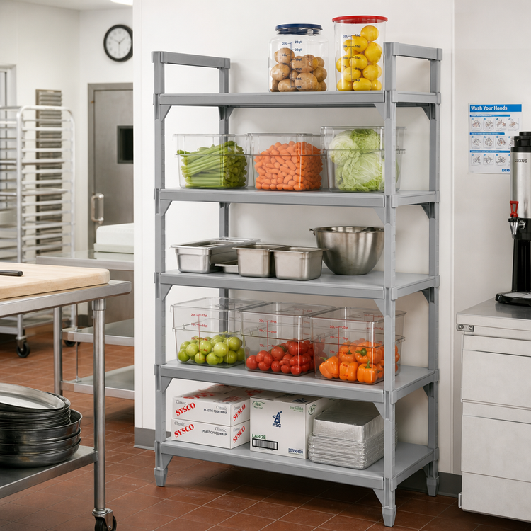 Product image #3 for Cambro Camshelving Premium 21" x 48" Solid 5-Shelf Polymer Shelf Kit