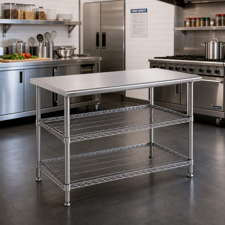 Product image #2 for Eagle AdjusTable 48 Inch x 30 Inch Stainless Steel Adjustable Work Table, Basic Unit with 2 Undershelves