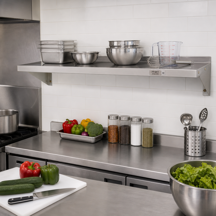 Product image #2 for John Boos Stallion 48" x 16" Wall-Mounted Stainless Steel Shelf with Safety Edge Front and 1-1/2" Rear Up-Turn
