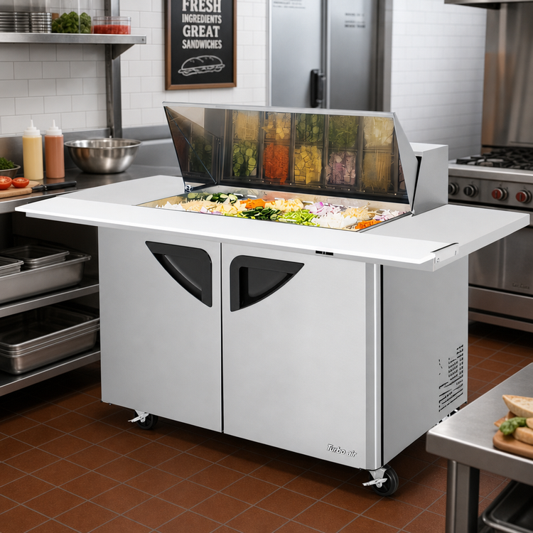Product image #2 for Turbo Air Super Deluxe 2-Section Mega Top Sandwich/Salad Prep Table with 18-Pan Opening and Rear-Mounted Refrigeration, 15 Cu. Ft.