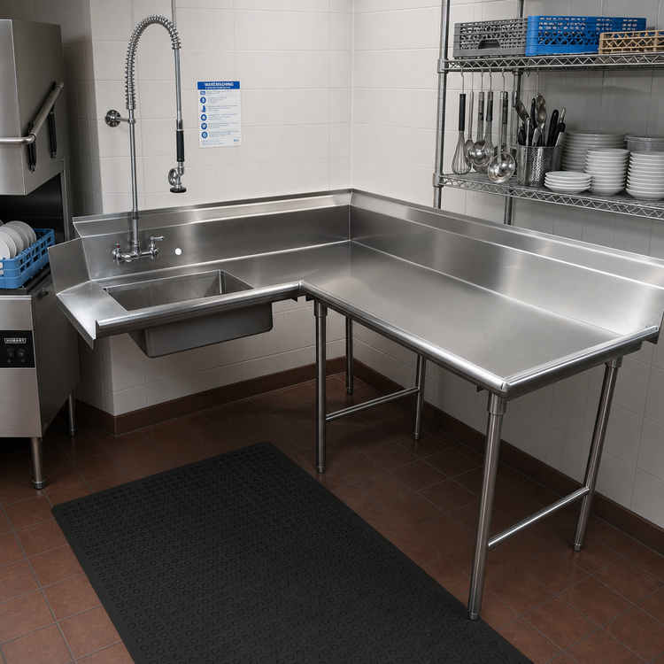Product image #2 for Advance Tabco Korner Soil L-Shaped Right-Hand Dish Table with Pre-Rinse Sink, 143-Inch, 16-Gauge 304 Stainless Steel