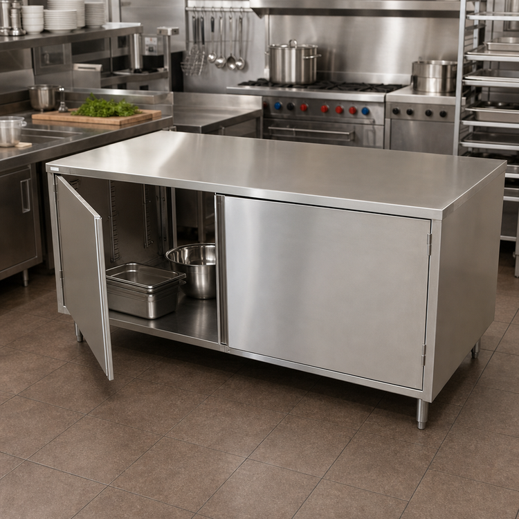 Product image #2 for BK Resources Dual-Access Stainless Steel Chef Table with Cabinet Base and Hinged Doors, 72 x 36 x 34-3/4 Inches