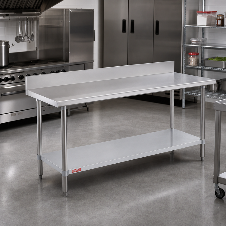 Product image #2 for Duke 72-Inch x 30-Inch 16-Gauge 300 Series Stainless Steel Work Table with 5-Inch Riser and Galvanized Undershelf