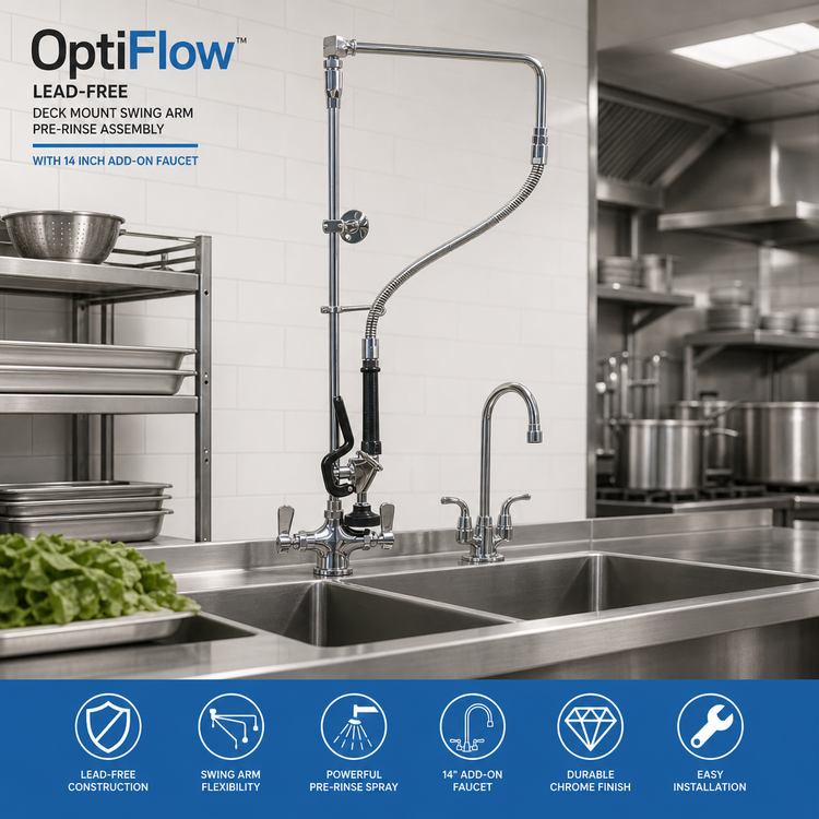 Product image #2 for OptiFlow Lead-Free Deck Mount Swing Arm Pre-Rinse Assembly with 14 Inch Add-On Faucet