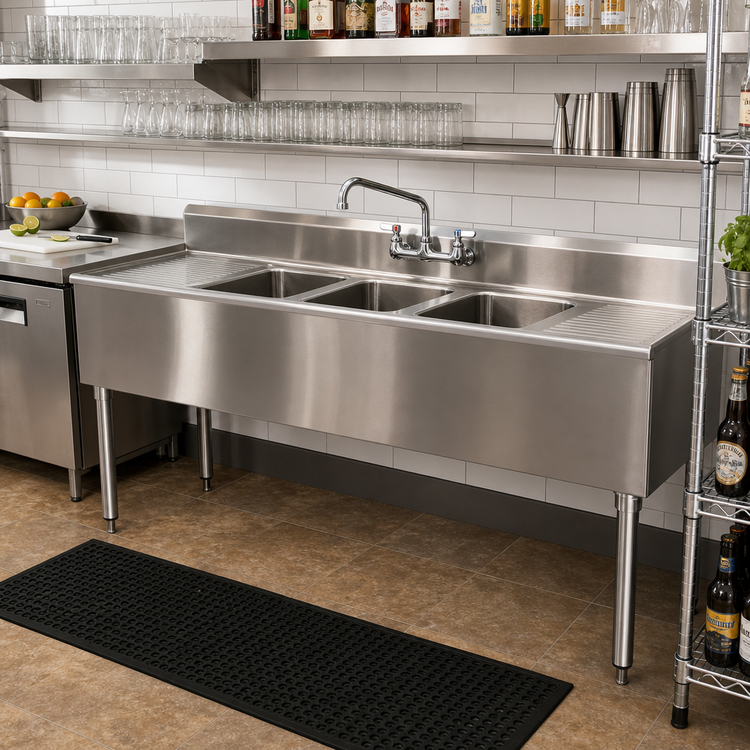 Product image #2 for Eagle Group 1800 Series 3-Compartment Underbar Sink Unit with Dual Drainboards, 84 Inch W x 20 Inch D x 33-1/2 Inch H
