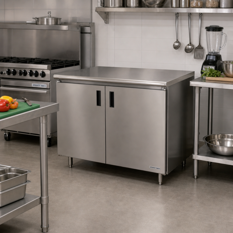 Product image #2 for Advance Tabco Special Value Economy Enclosed Work Table with Cabinet Base and Hinged Doors, 48 x 24 Inches, 16 Gauge 304 Stainless Steel Top