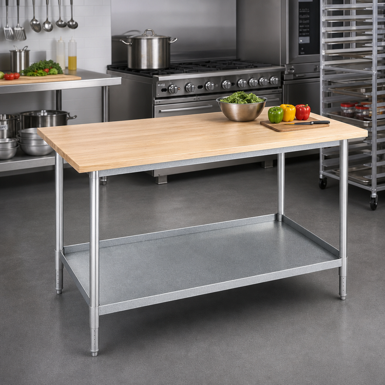Product image #2 for 36"W x 24"D Maple Top Work Table with Galvanized Base and Adjustable Undershelf