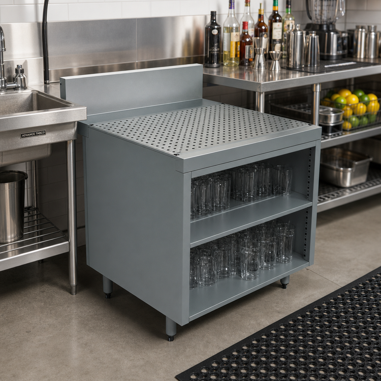 Product image #2 for Advance Tabco Prestige Supreme 30-Inch x 30-Inch Open Front Underbar Drainboard Cabinet with 7-Inch Backsplash