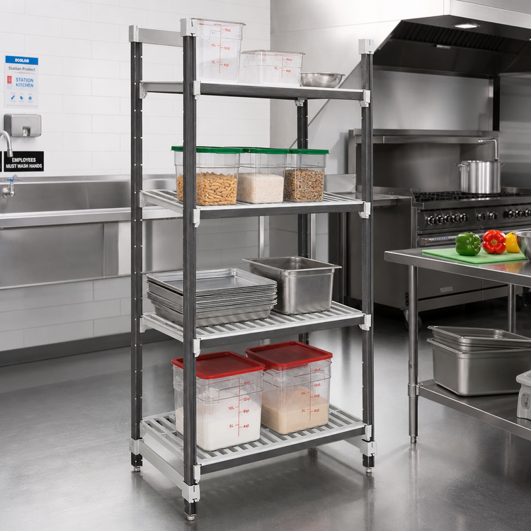 Product image #2 for Cambro Camshelving Elements XTRA 21" x 48" x 72" 4-Tier Vented Stationary Starter Shelving Unit, Speckled Gray