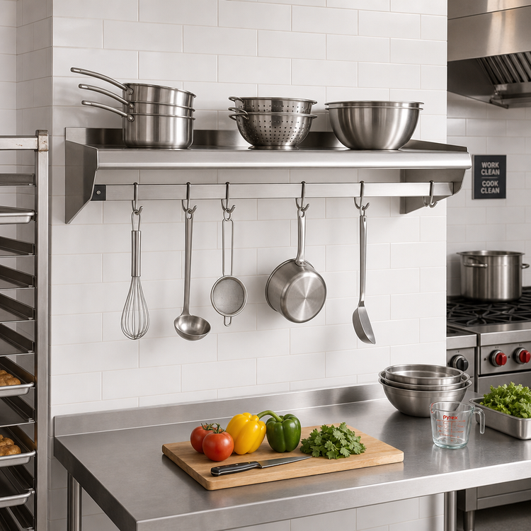 Product image #2 for Eagle Group 72 Inch x 12 Inch Wall-Mounted Stainless Steel Pot Rack Shelf with 6 Removable Hooks