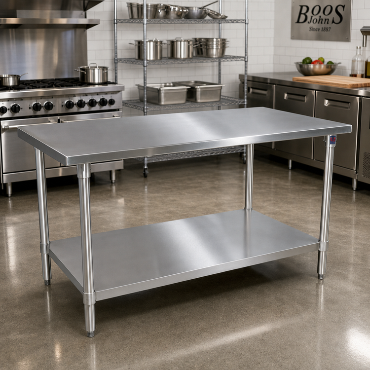 Product image #2 for John Boos Stallion 120"W x 30"D 16-Gauge Flat Top Stainless Steel Work Table with Adjustable Undershelf