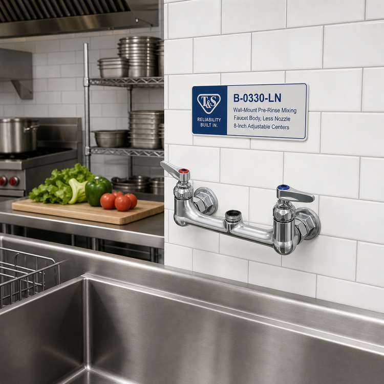 Product image #2 for T&S Brass B-0330-LN Wall-Mount Pre-Rinse Mixing Faucet Body, Less Nozzle, 8-Inch Adjustable Centers