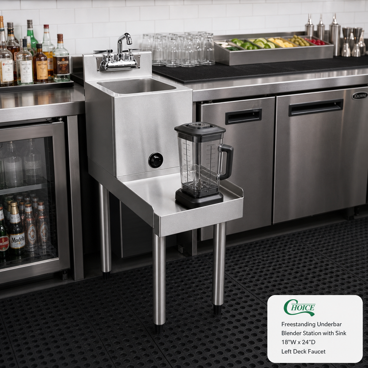 Product image #2 for Choice Freestanding Stainless Steel Underbar Blender Station with Sink, 18" W x 24" D, Left Deck Faucet