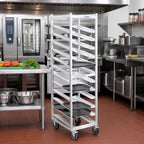 Thumbnail image #2 for Channel Manufacturing T438A Mobile Single-Section Aluminum Cafeteria Tray Rack, End-Load, 30-Tray Capacity, 14 x 18 Trays, 4-Inch Spacing