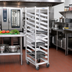 Thumbnail image #2 for Mobile Single-Section Trapezoidal Aluminum Cafeteria Tray Rack for 14 x 18 Trays, 30-Tray Capacity