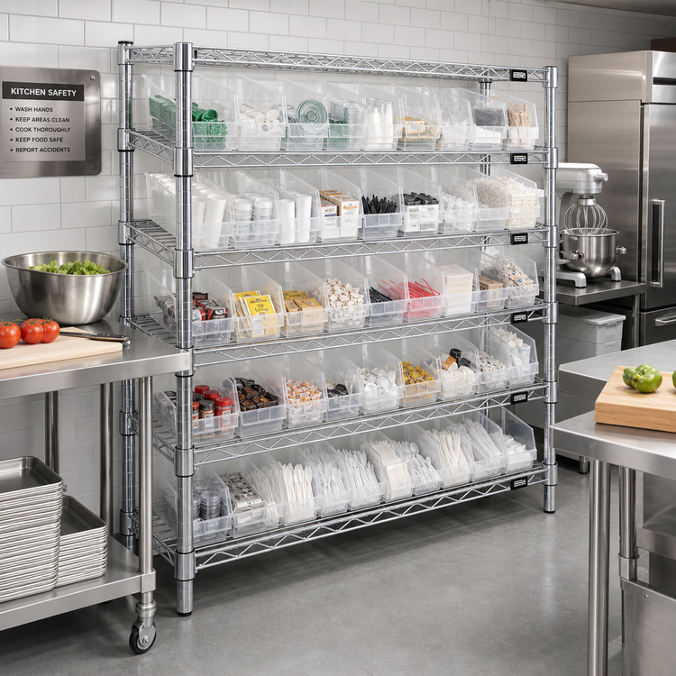 Product image #2 for Quantum 36 x 12 x 36-Inch Bin Wire Shelving System with 6 Shelves and 40 Clear Bins, Chrome Plated