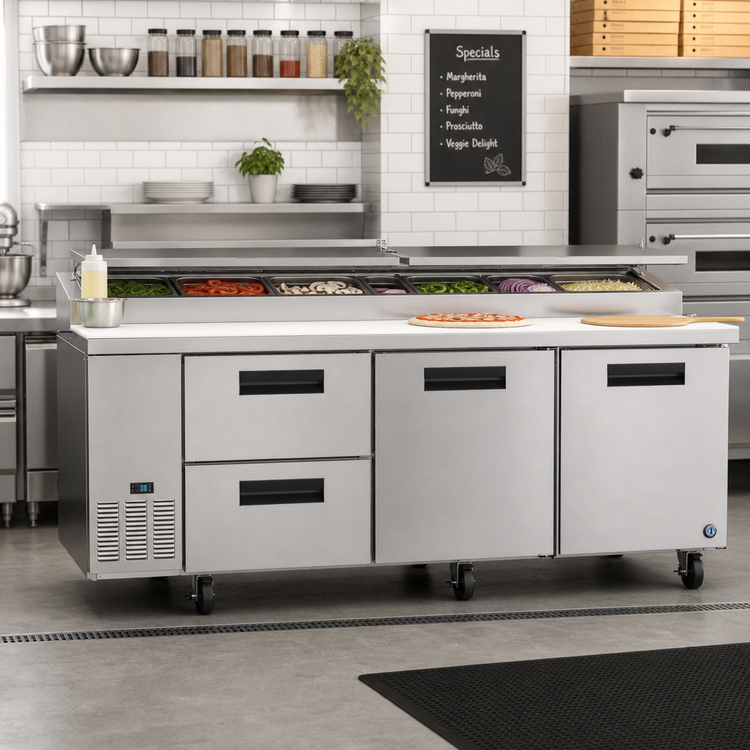 Product image #2 for Hoshizaki Steelheart 93-Inch Three-Section Pizza Prep Table with Doors and Drawers