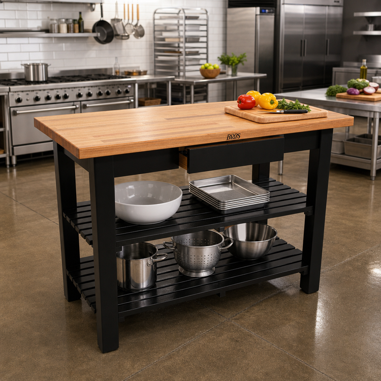 Product image #3 for John Boos Appalachian Red Oak Country Work Table with 1-1/2" Thick Edge Grain Top, 48" x 30", 2 Slatted Undershelves