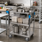 Thumbnail image #3 for CFS Brands UC5031524 Stainless Steel 3-Shelf Open Utility Cart, 500 lb Capacity, Push Handle, Raised-Edge Shelves