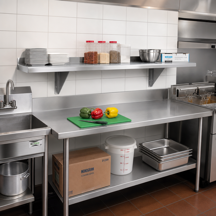 Product image #2 for Advance Tabco Wall-Mounted Shelf, 108 Inches Wide x 12 Inches Deep, 18-Gauge 430 Stainless Steel, Satin Finish