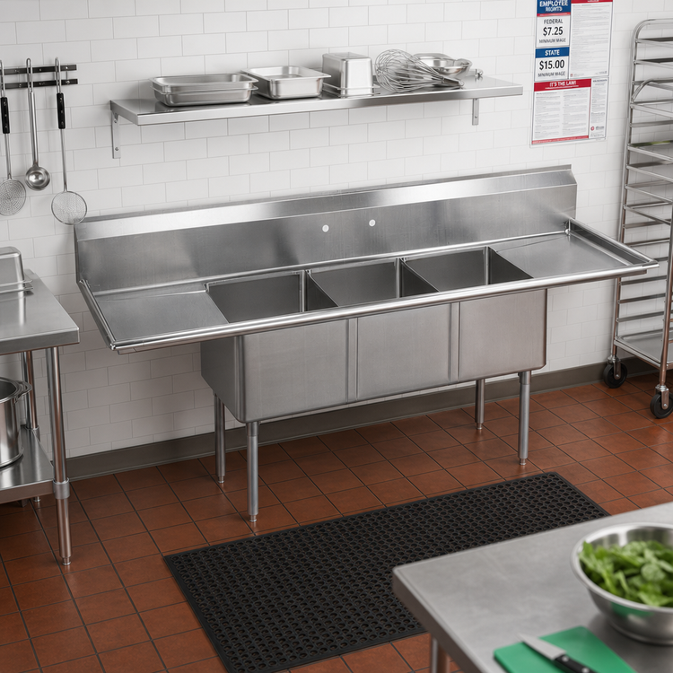 Product image #2 for BK Resources Three-Compartment Stainless Steel Sink with Left and Right Drainboards, 9-Inch Backsplash, 90-Inch Wide