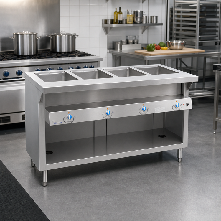 Product image #2 for Thurmaduke E-4-DLPG Electric 4-Well Full-Size Steamtable Unit with Open Storage Base