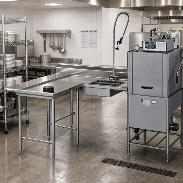 Product image #2 for Eagle Group Island Soiled Dishtable with Dish Landing Shelf and Pre-Rinse Sink, Left-to-Right