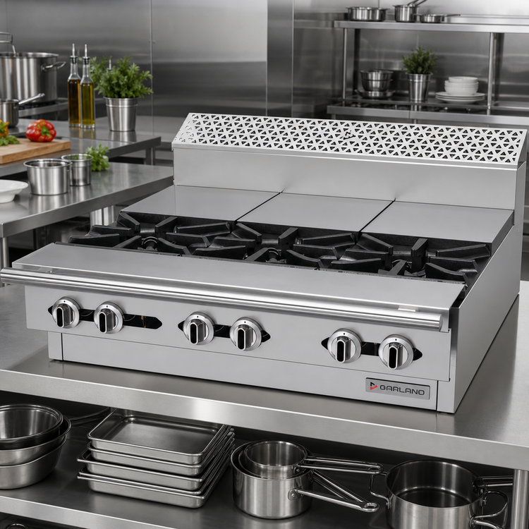 Product image #2 for Garland Cuisine Series Heavy Duty 36-Inch Modular Top Gas Range with 3 Open Burners and 3 Hot Tops