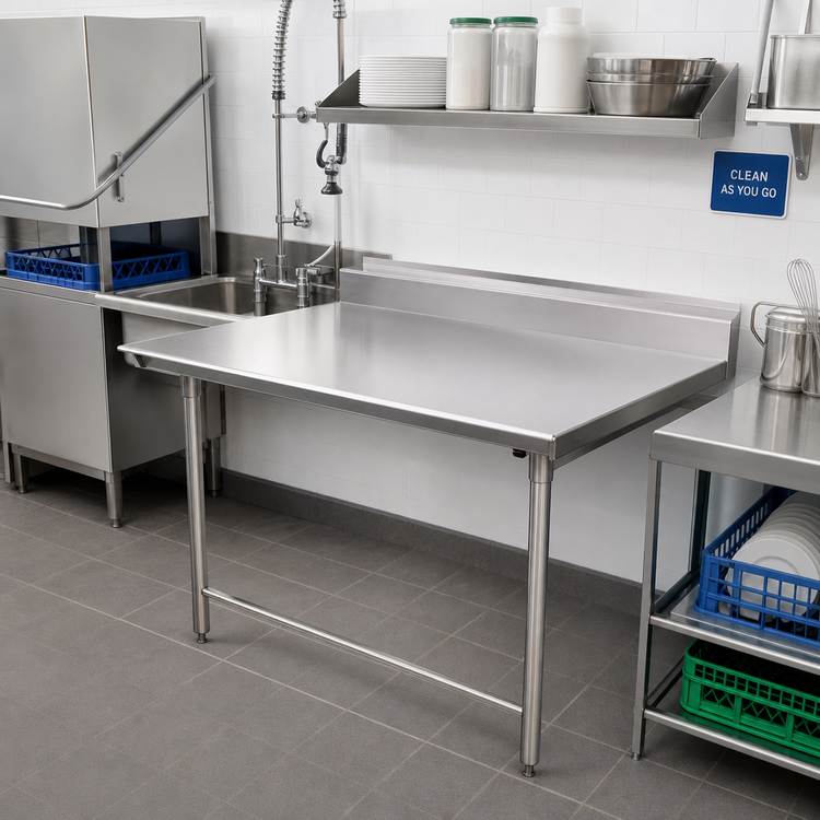 Product image #2 for Spec-Master Clean Straight Dish Table, 48 x 30 Inches, Right-to-Left, 14/304 Stainless Steel Top, 8-Inch Backsplash
